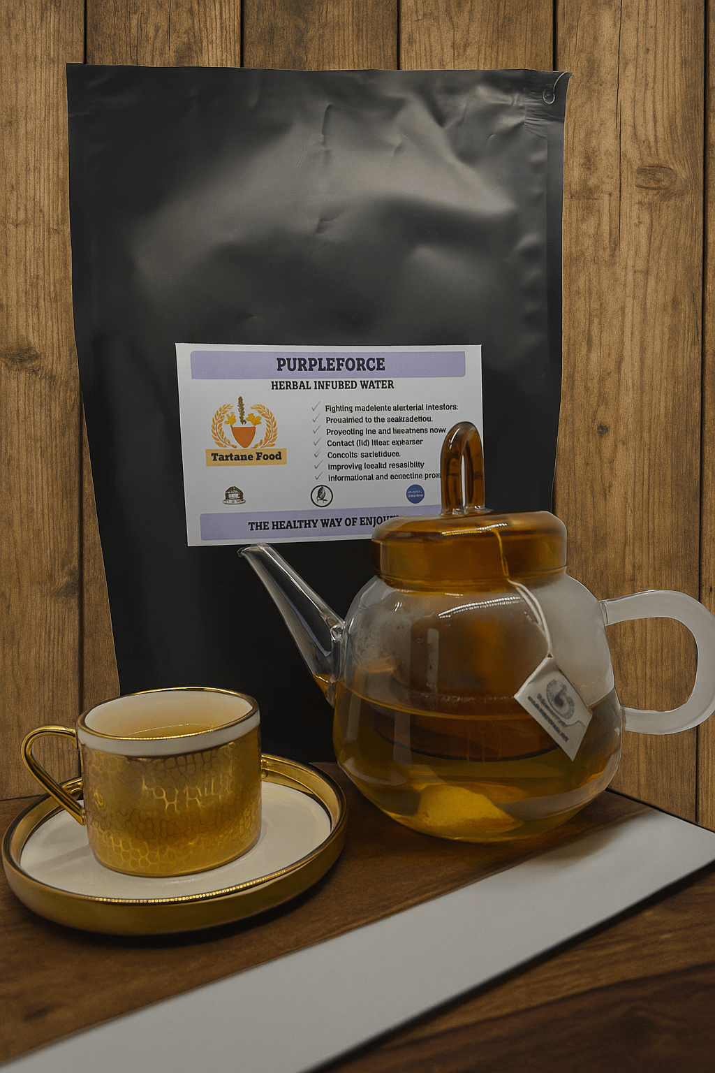 Herbal infused water, labeled "Purpleforce," displayed with a teapot and an elegant cup on a wooden surface, highlighting a wellness focus.