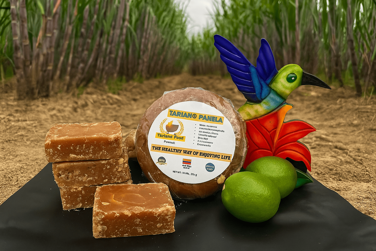Tariango panela product surrounded by brown sugar cubes, vibrant bird decor, and limes, set against a sugarcane field backdrop, highlighting its natural origins.