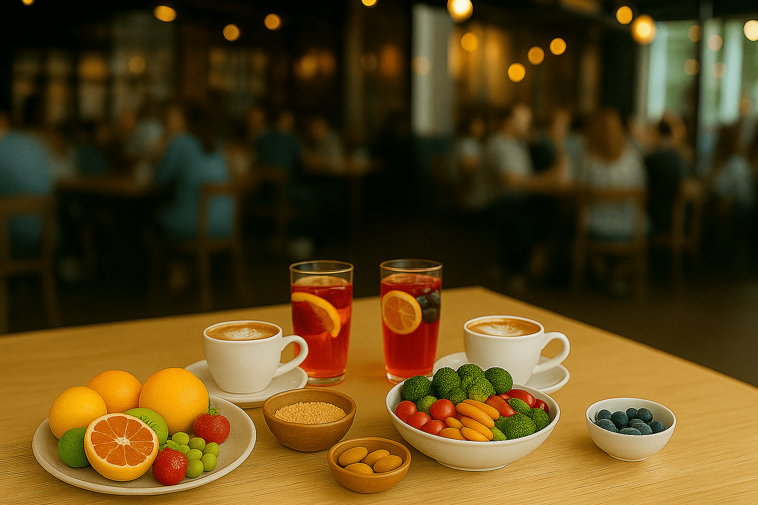 A vibrant breakfast spread featuring fresh fruits, colorful vegetables, and drinks in a cozy café setting, highlighting healthy dining options.