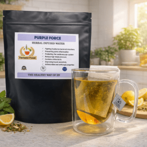 Transparent mug filled with herbal infused water labeled "Purple Force," promoting health benefits like antioxidant properties and improved insulin sensitivity.