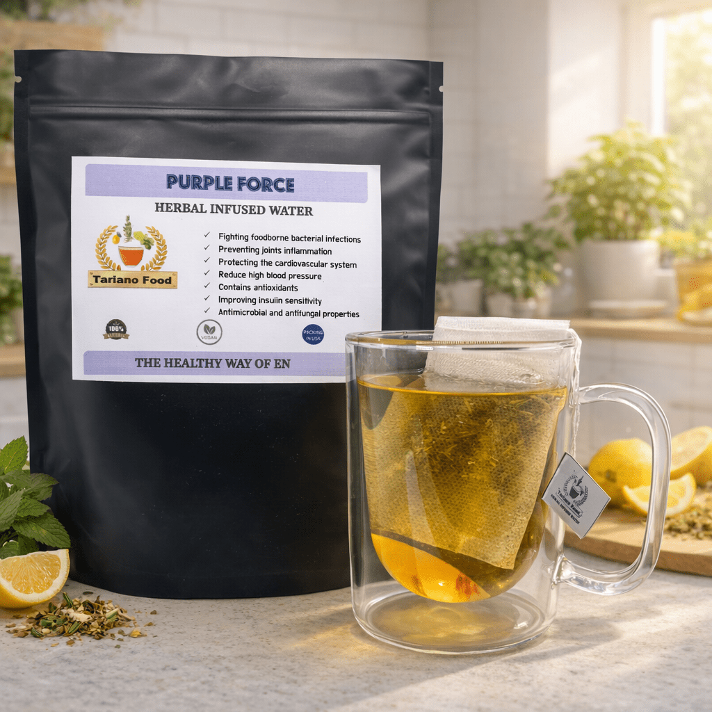 Transparent mug filled with herbal infused water labeled "Purple Force," promoting health benefits like antioxidant properties and improved insulin sensitivity.