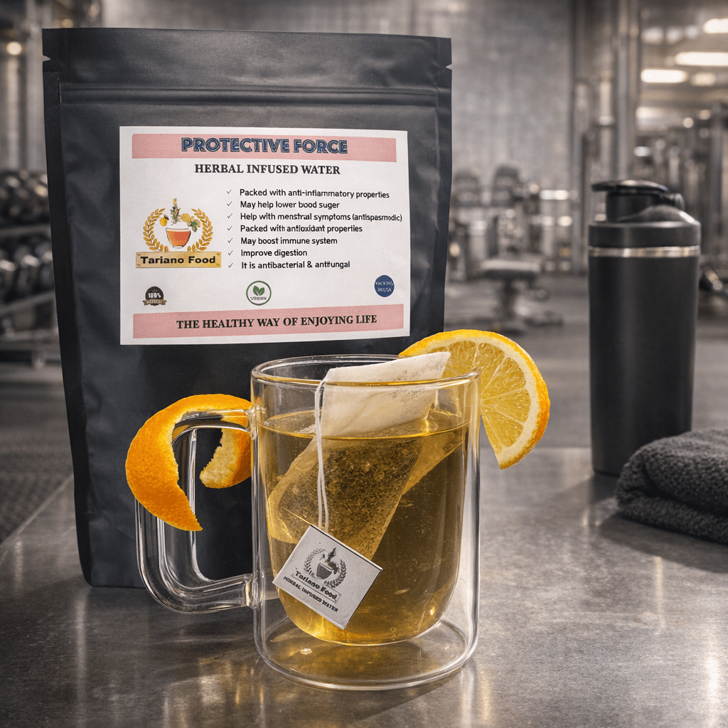 Herbal infused water labeled "Protective Force," featuring a tea bag in a clear mug with orange peel garnish. Offers health benefits like immune support.