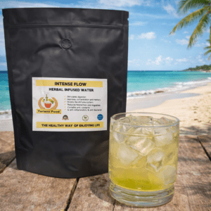 Herbal infused water labeled "Intense Flow" in a black pouch, with a glass featuring the pale green drink. Highlights health benefits for wellness.